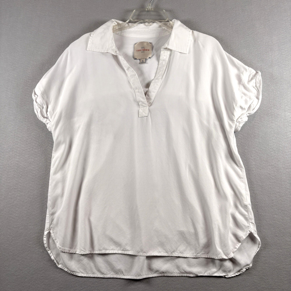 Casa Cabana Women's XL White Collared Short Sleeve Pullover Blouse Top